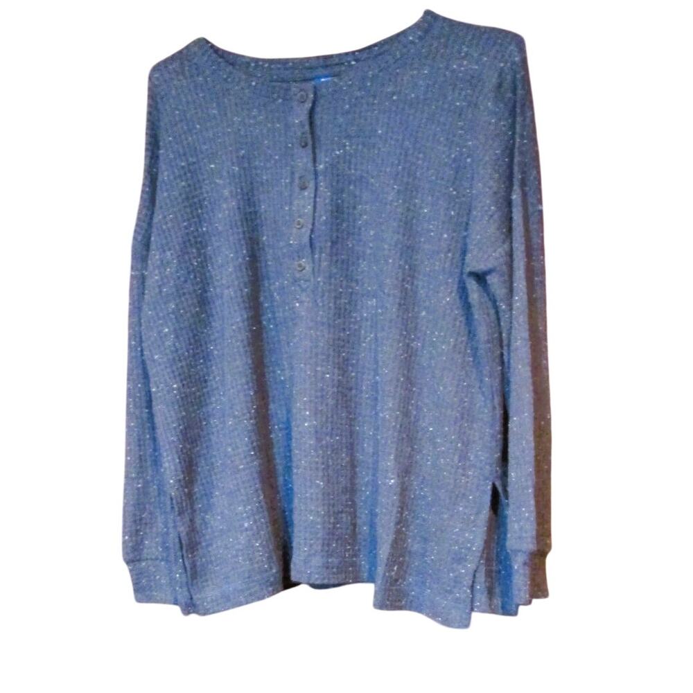 Old Navy Women's Waffle Knit Henley Top Gray Speckled Size Medium Relaxed Fit